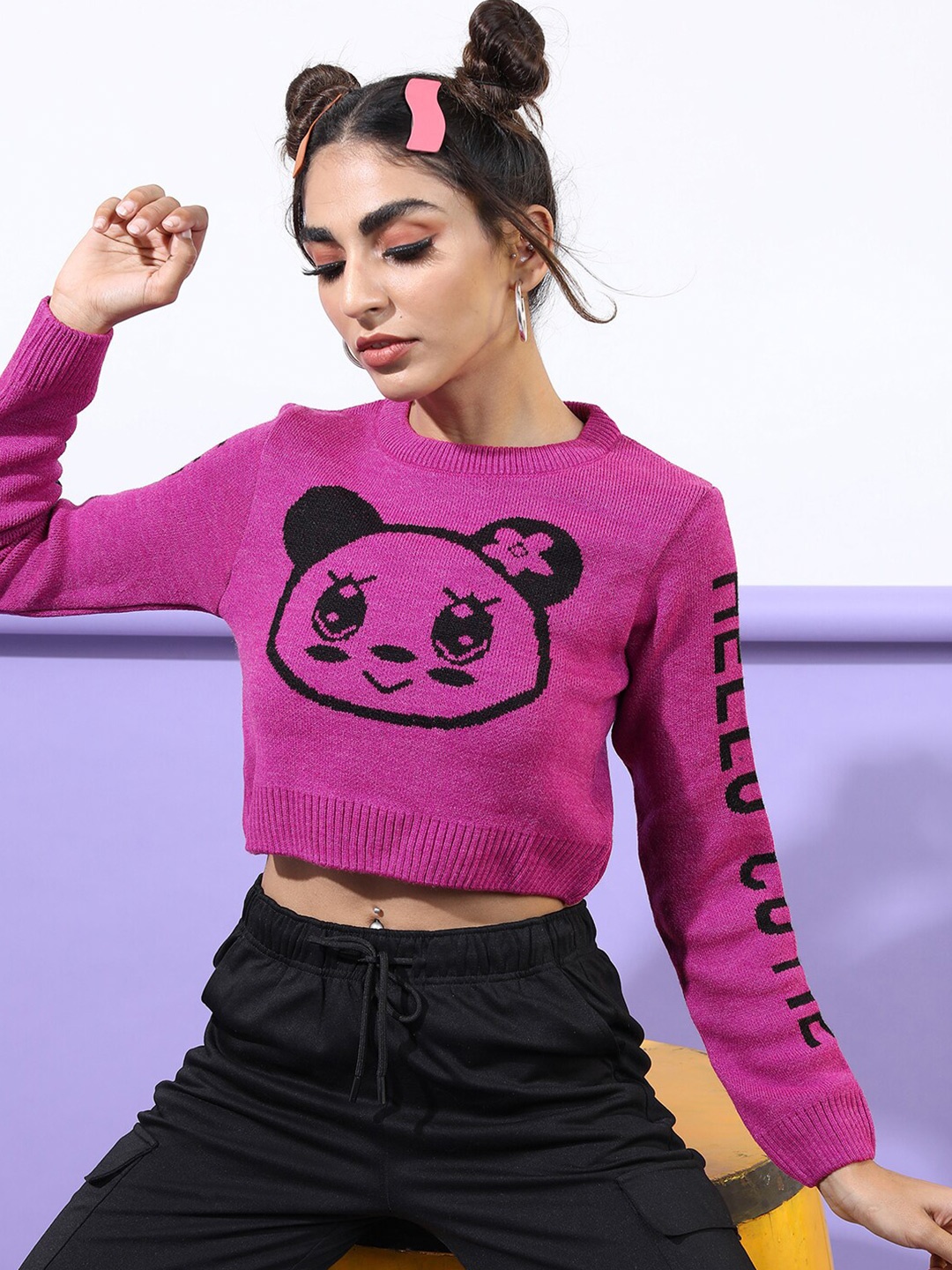 

Tokyo Talkies Women Pink & Black Jacqurad Acrylic Crop Sweater