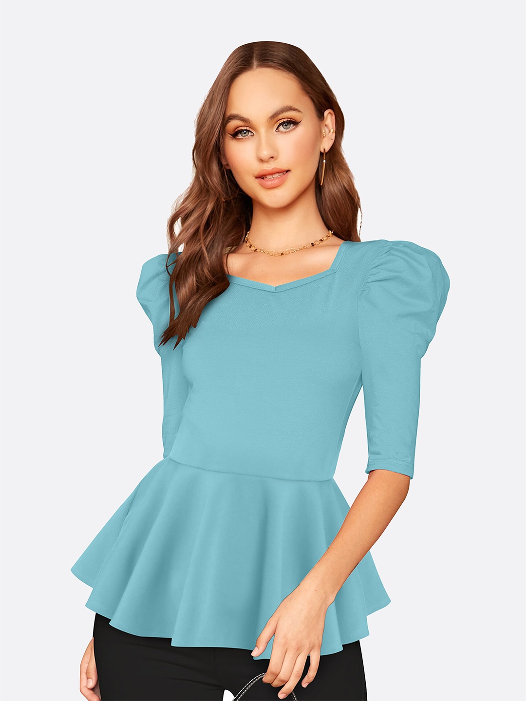 

FAVRIZ Women Turquoise Blue Solid Peplum Top