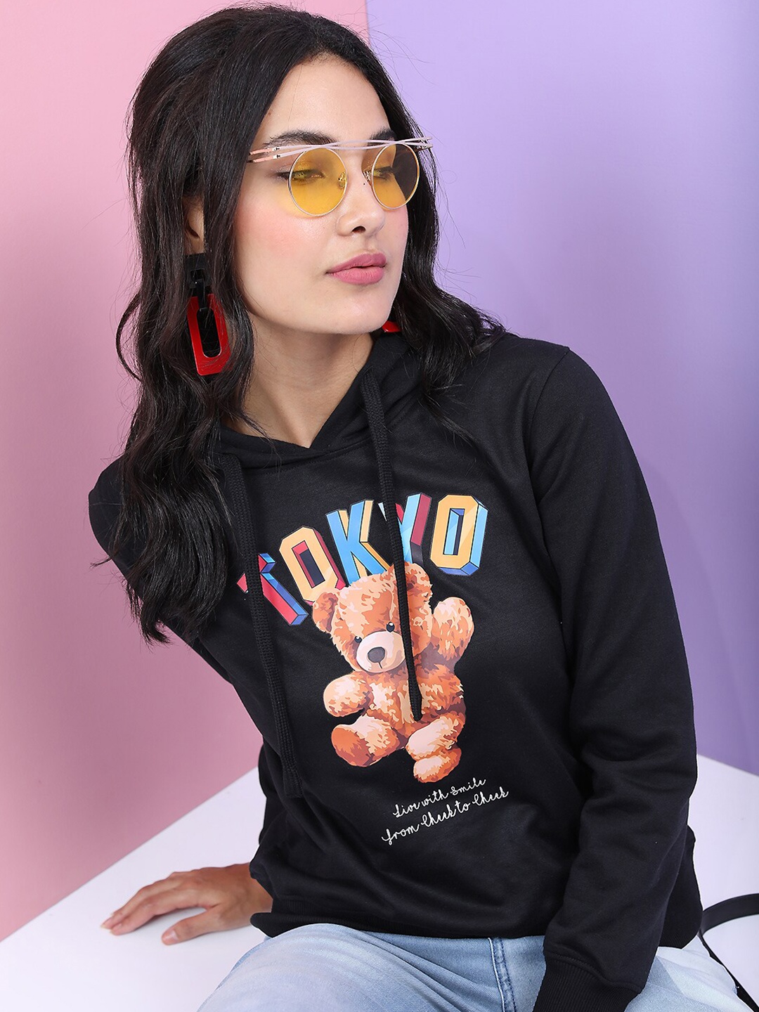 

Tokyo Talkies Women Black Printed Hooded Sweatshirt