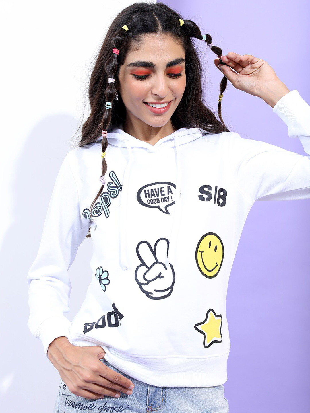 

Tokyo Talkies Women White Printed Hooded Sweatshirt