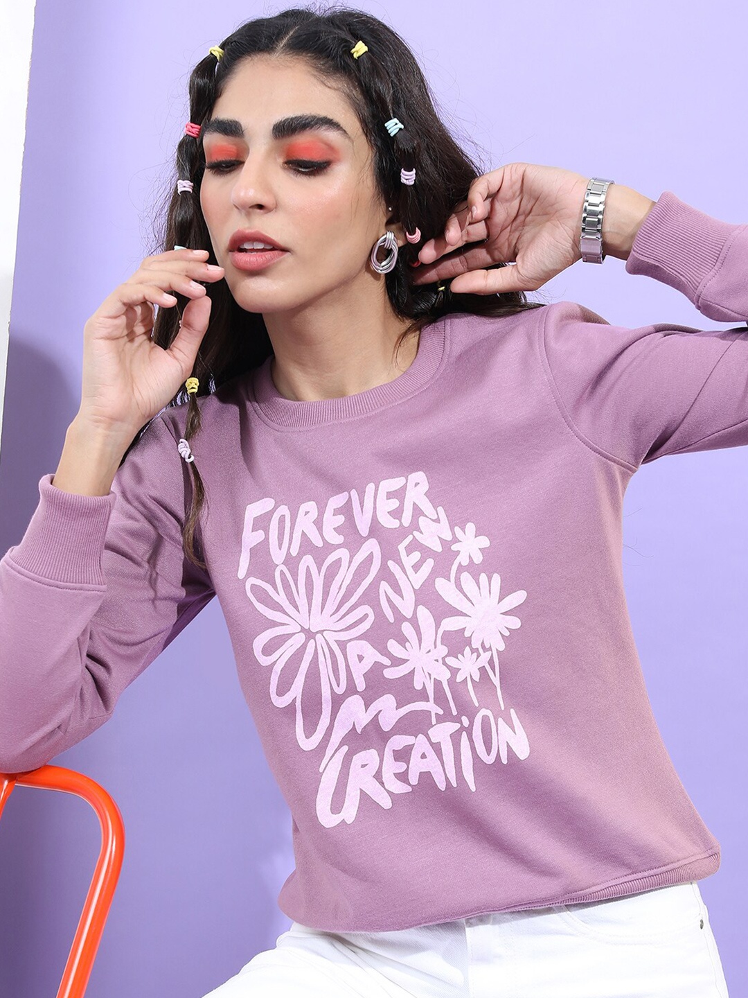 

Tokyo Talkies Women Lavender Printed Sweatshirt