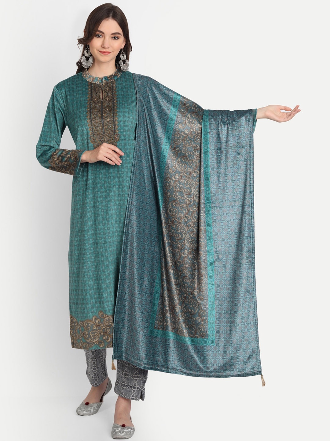 

HK colours of fashion Women Blue & Brown Printed Kurta with Trouser & Dupatta Set