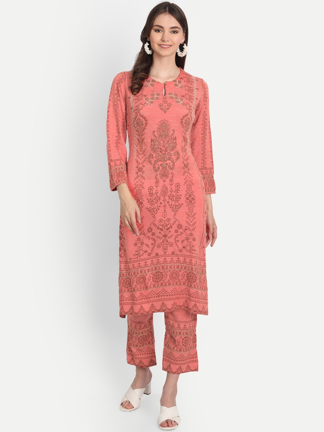 

HK colours of fashion Women Peach-Coloured & Brown Ethnic Printed Kurta with Trouser Set