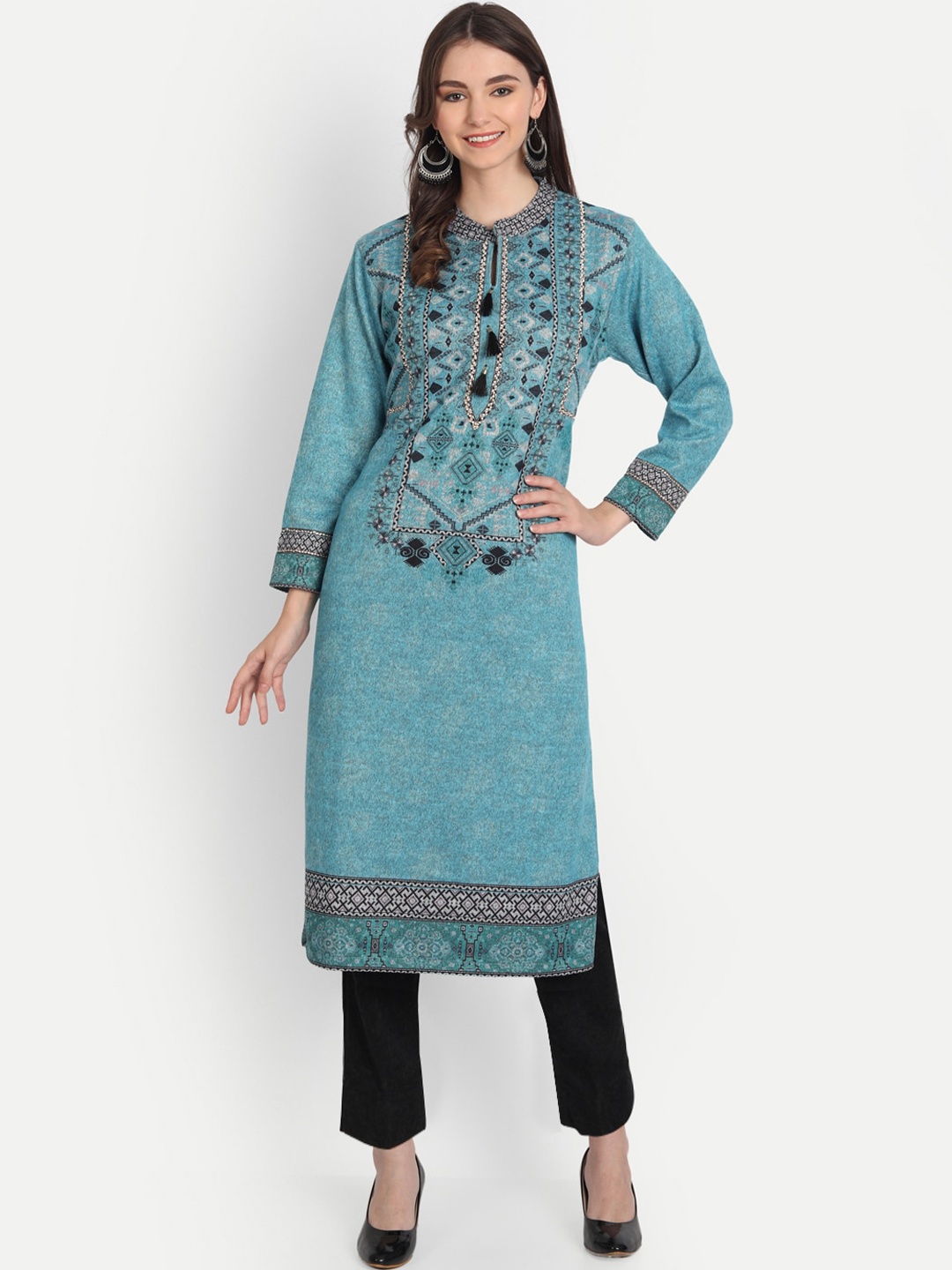 

HK colours of fashion Women Turquoise Blue & Black Yoke Design Kurta with Trouser Set