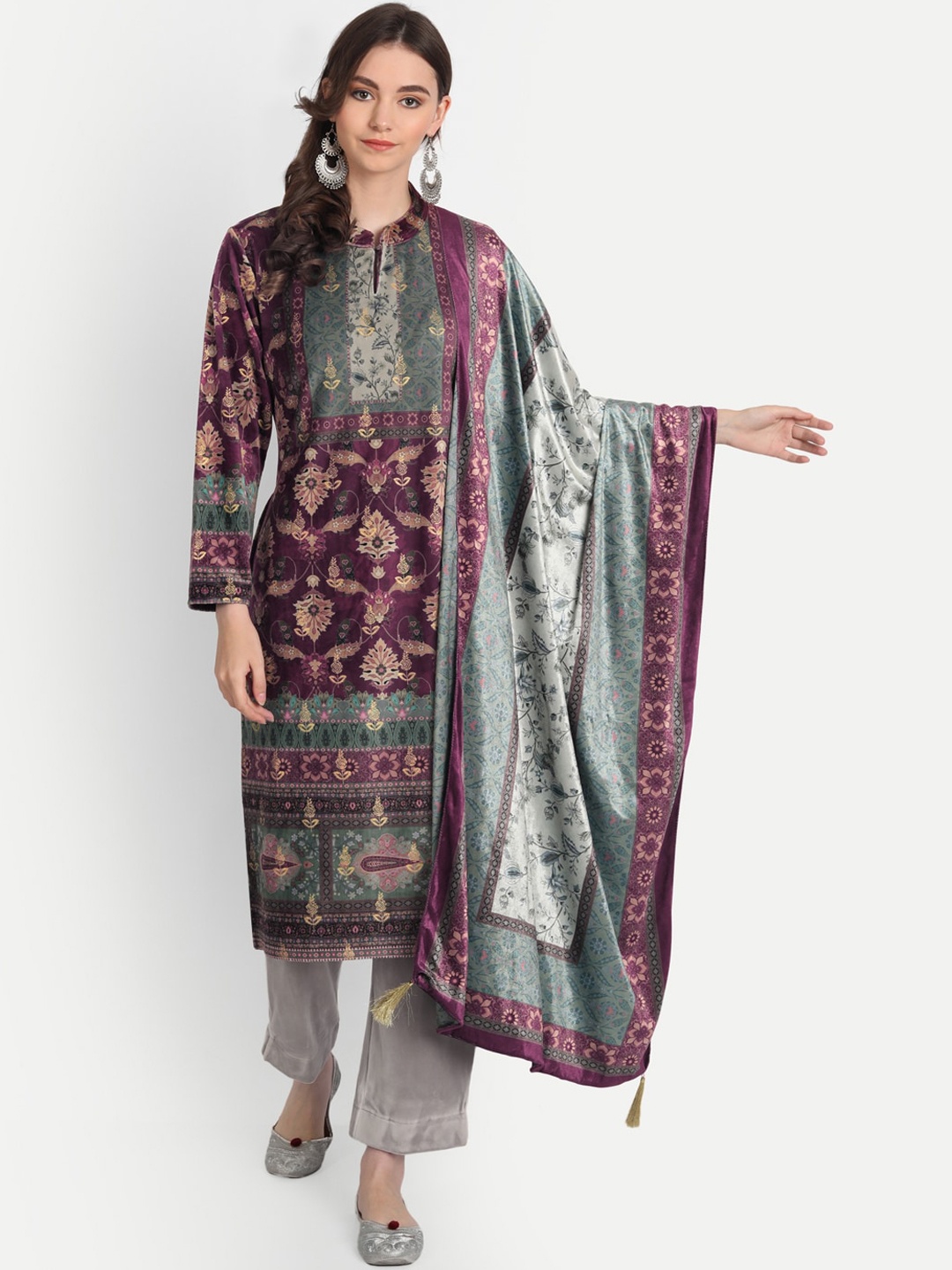 

HK colours of fashion Women Purple & Green Ethnic Printed Kurta with Trouser & Dupatta Set