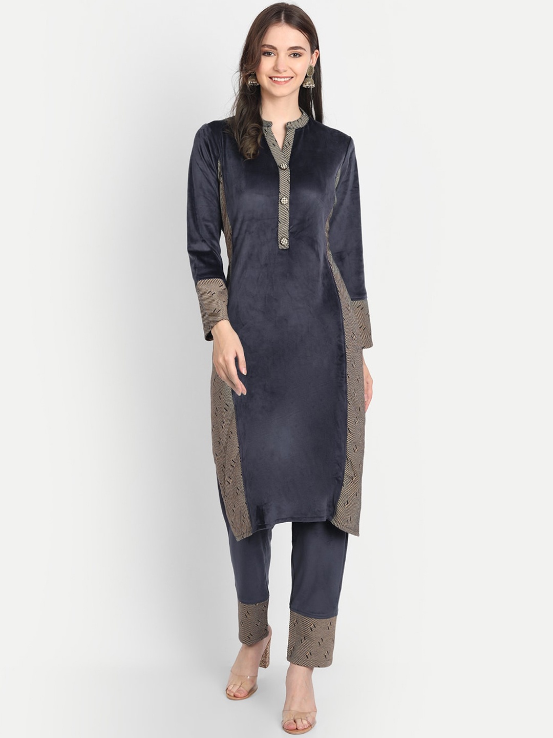 

HK colours of fashion Women Blue & Beige Panelled Velvet Kurta with Trouser Set