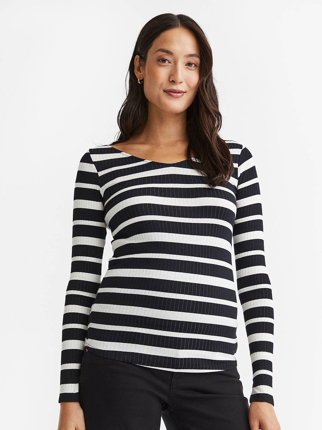 

H&M MAMA Long-Sleeved Ribbed Top, Black