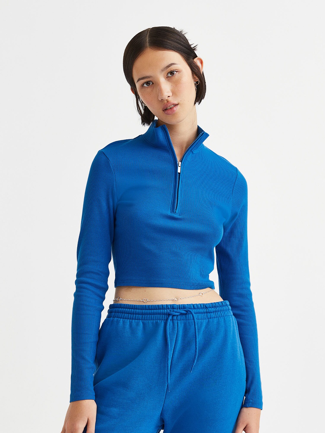 

H&M Women Zip-Top Cropped Top, Blue