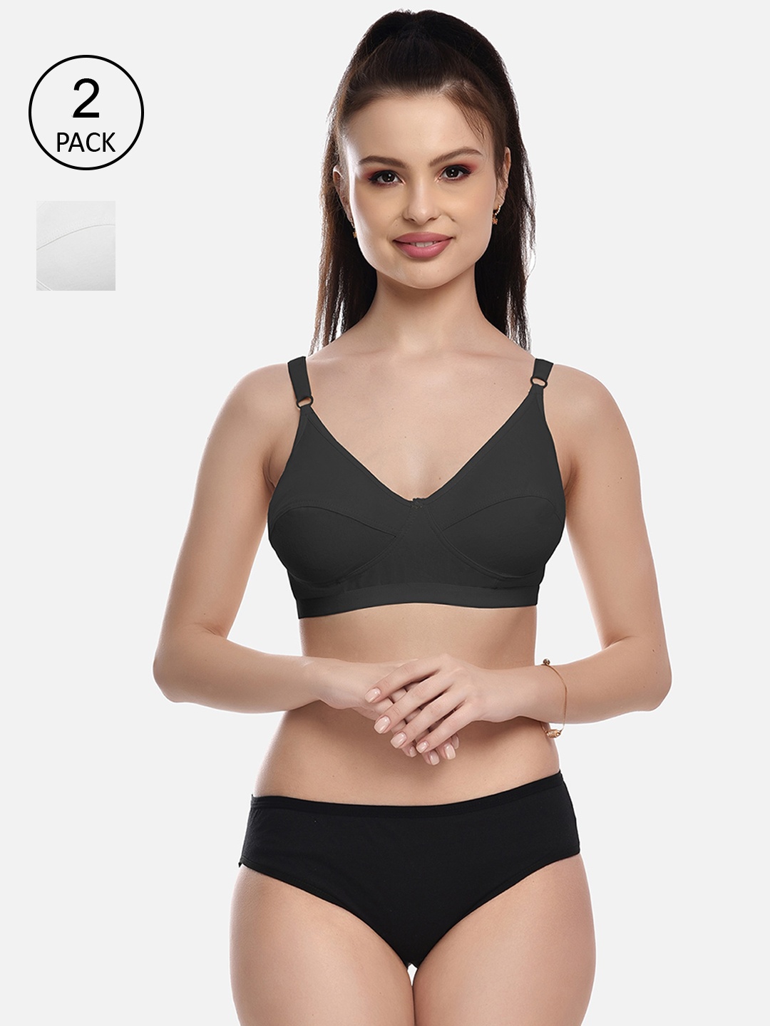 

FIMS Women Pack Of 2 Black & White Solid Non Padded Cotton Lingerie Set