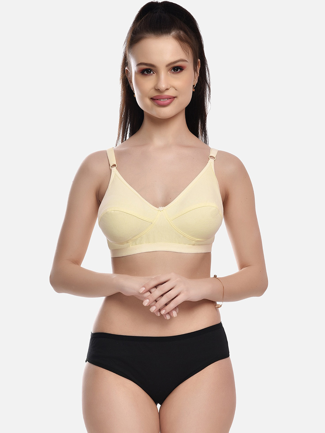 

FIMS Women Beige & Black Solid Non Padded Cotton Lingerie Set