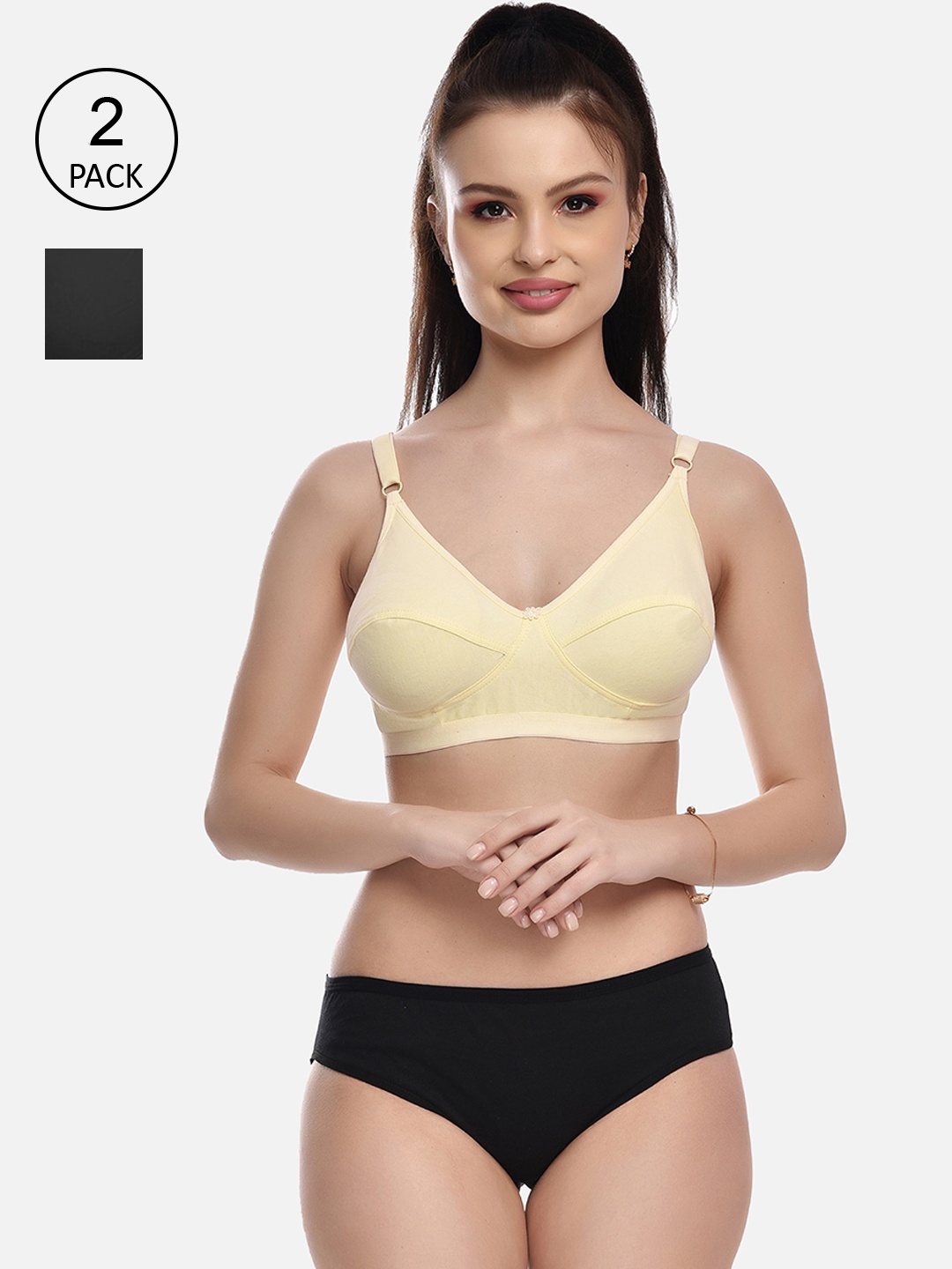 

FIMS Women Pack Of 2 Black & Beige Solid Non Padded Cotton Lingerie Set