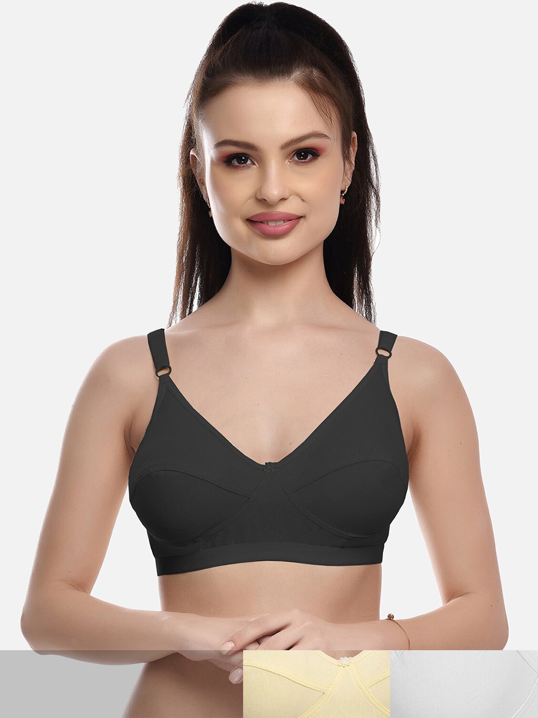 

FIMS Women Pack Of 3 Solid Cotton Non Padded Bra, Black