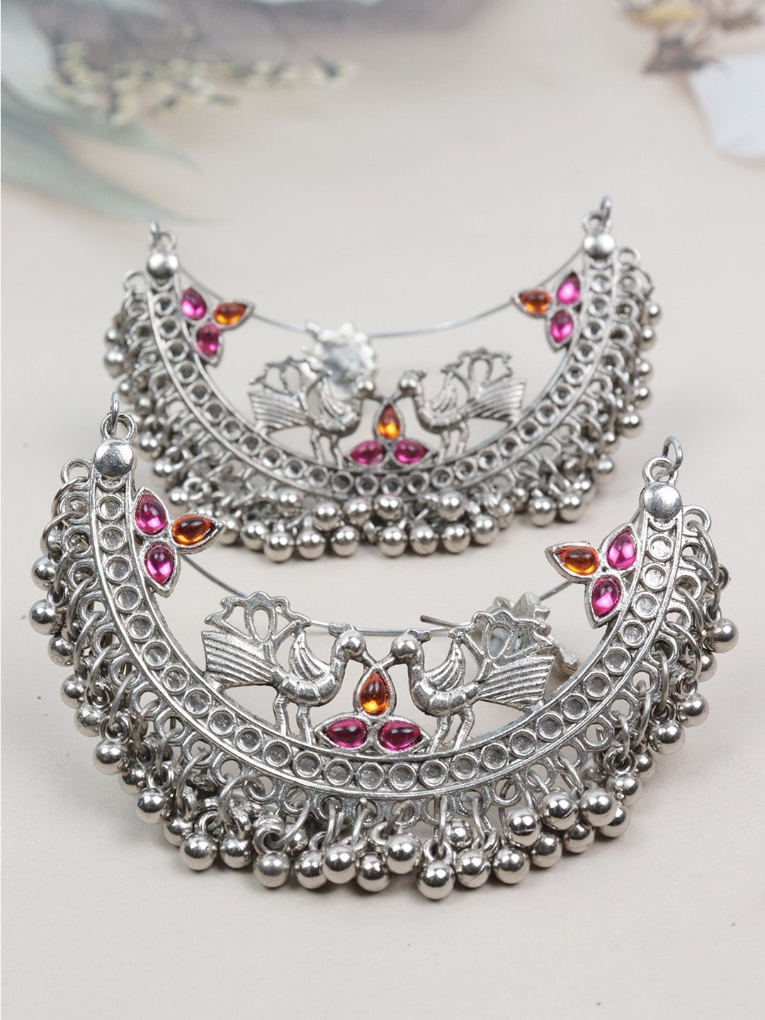 

Krelin Silver-Toned & Pink Circular Chandbalis Earrings