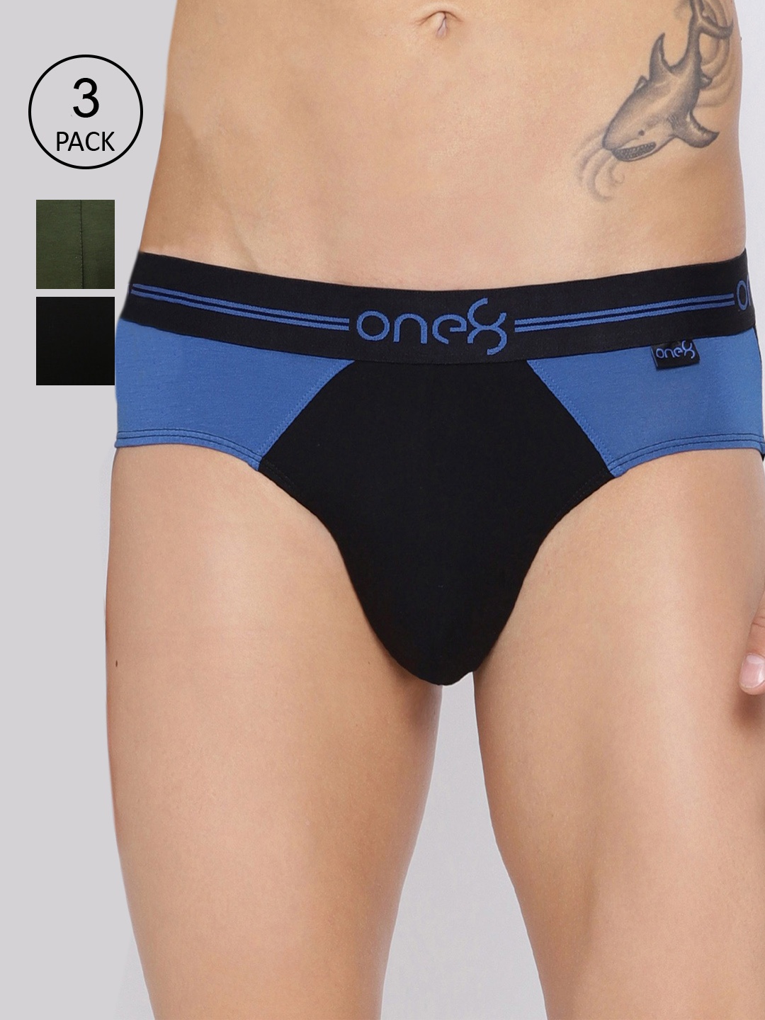 

one8 by Virat Kohli Men Black & Blue Pack Of 3 Solid Basic Cotton Briefs