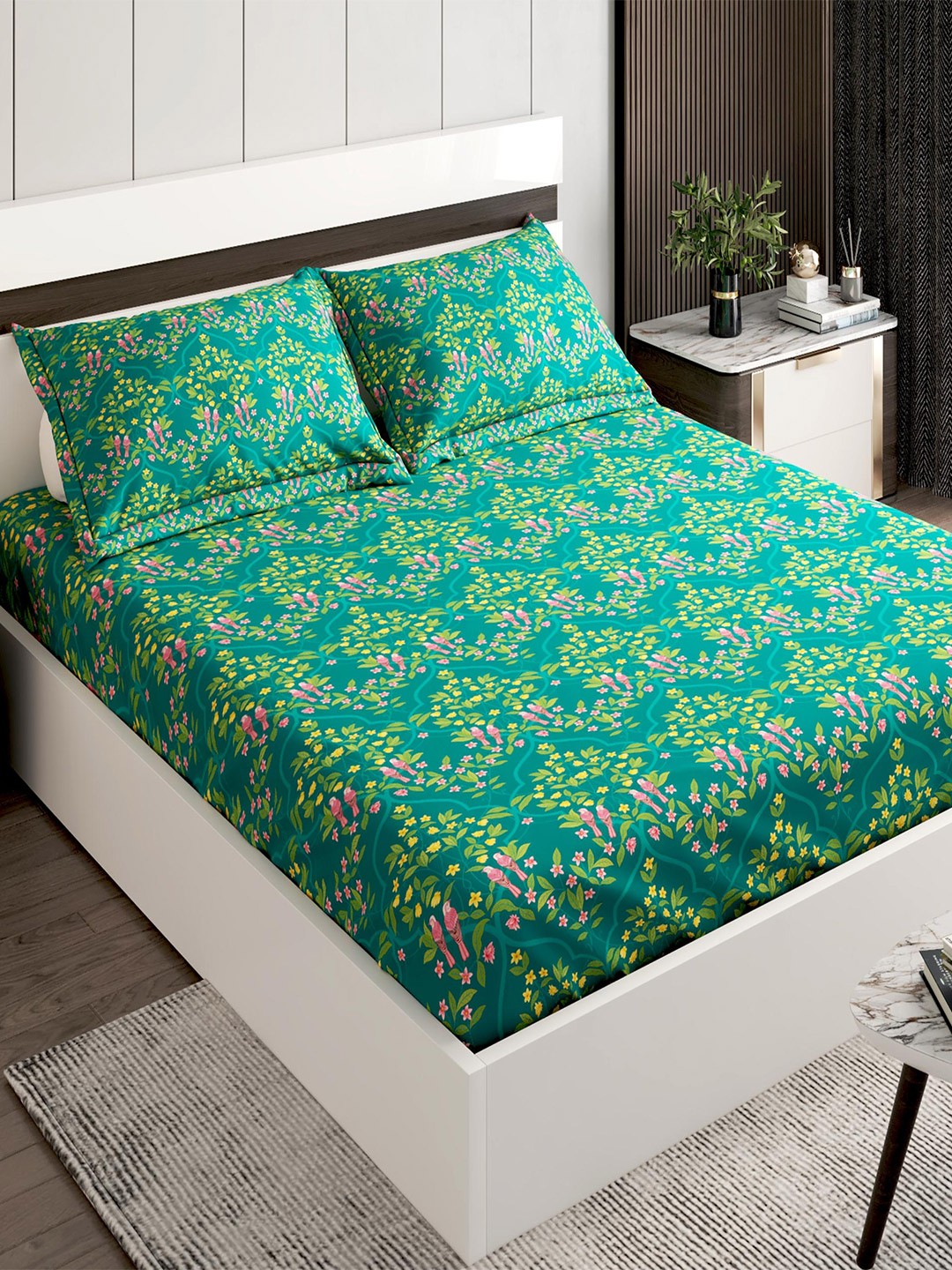 

Home Centre Teal & Pink Floral 120 TC Queen Bedsheet with 2 Pillow Covers
