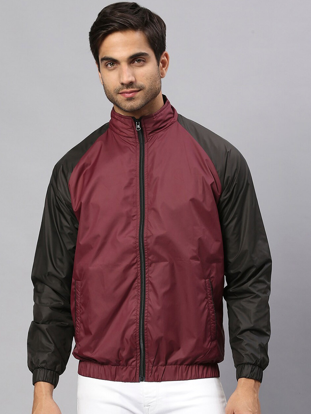 

Dennis Lingo Men Maroon Black Colourblocked Sporty Jacket