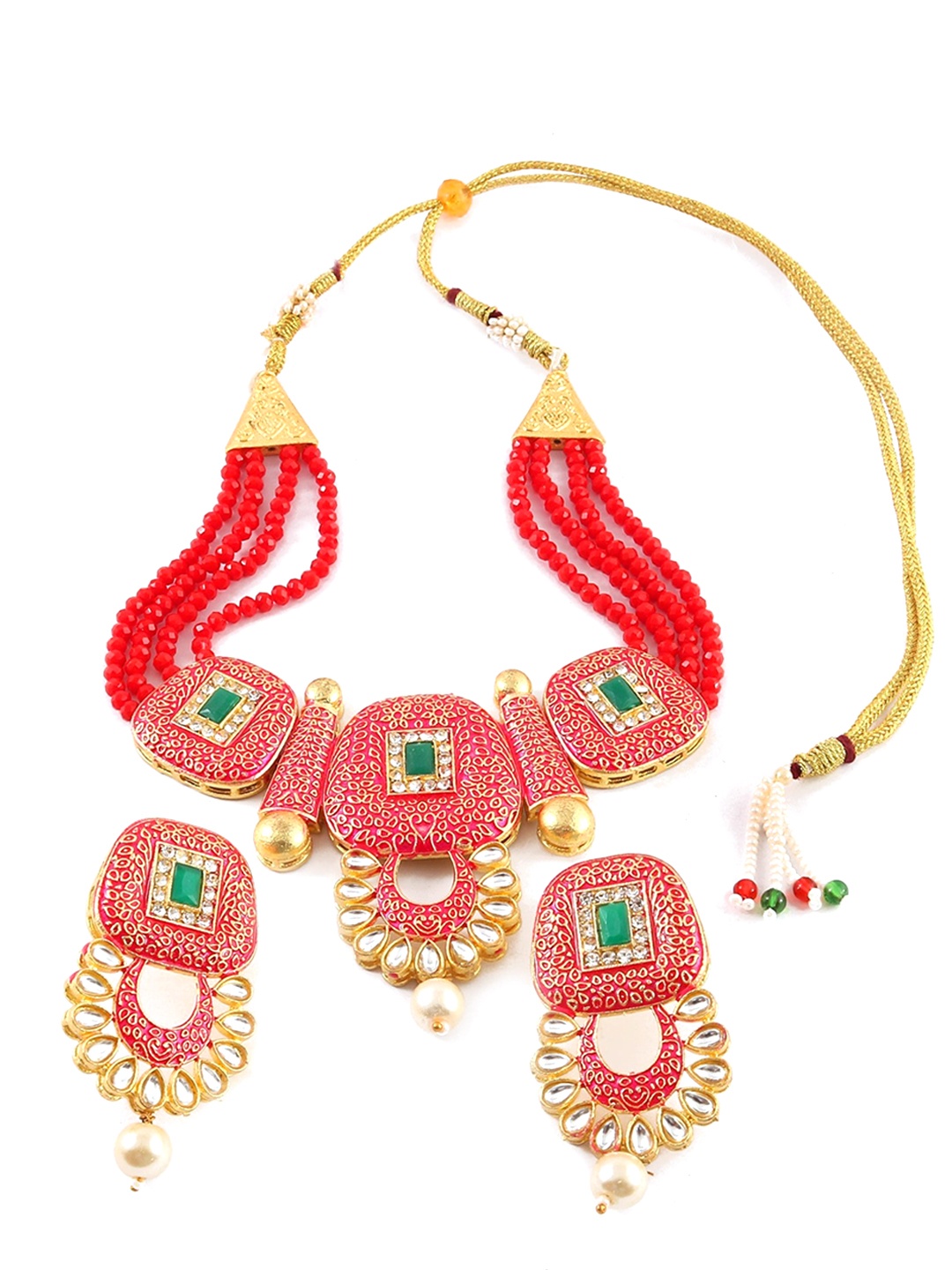 

Jewar Mandi Gold-Plated White & Red Stone-Studded & Pearl Beaded Jewellery Set
