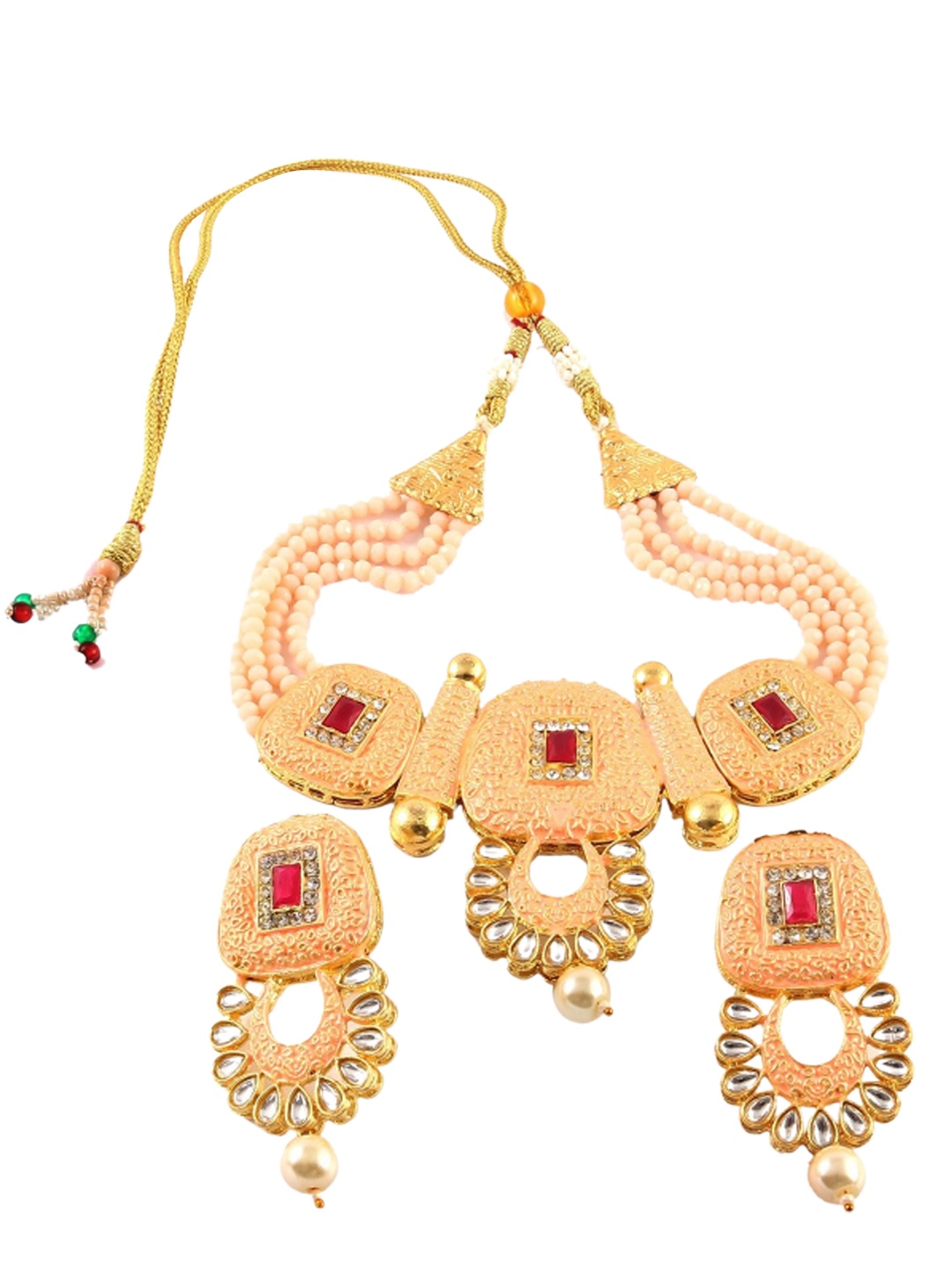 

Jewar Mandi Gold-Plated Peach-Coloured & Red Kundan-Studded & Pearl Beaded Jewellery Set