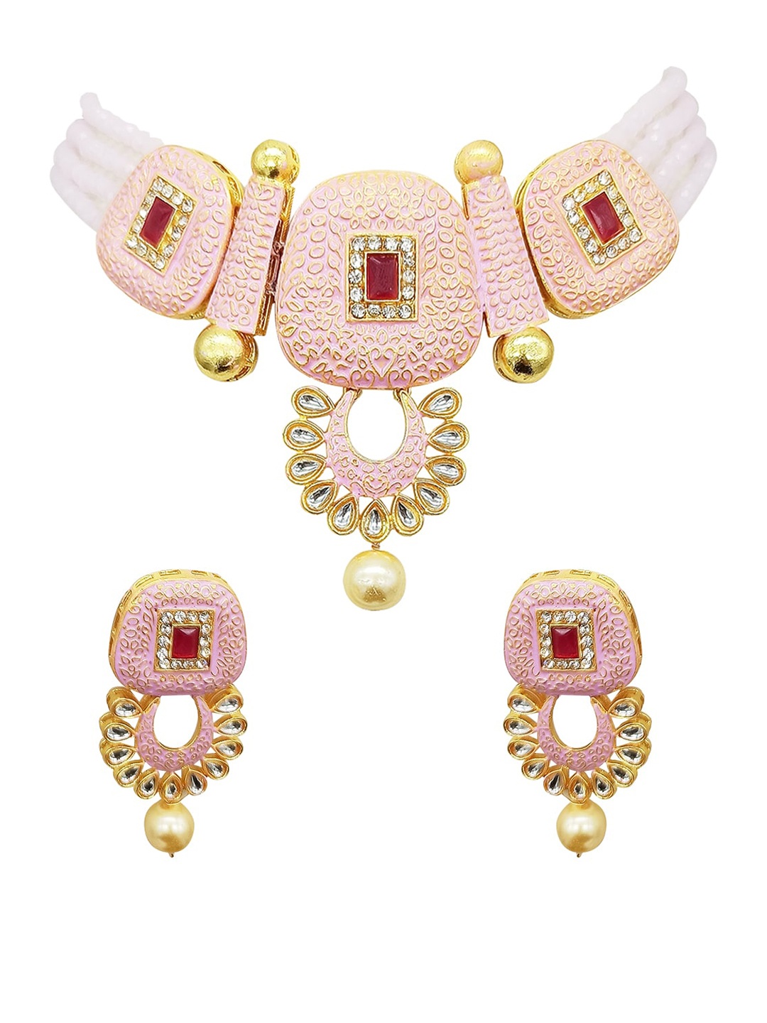 

Jewar Mandi Gold-Plated Pink & Red Kundan-Studded & Pearl Beaded Jewellery Set