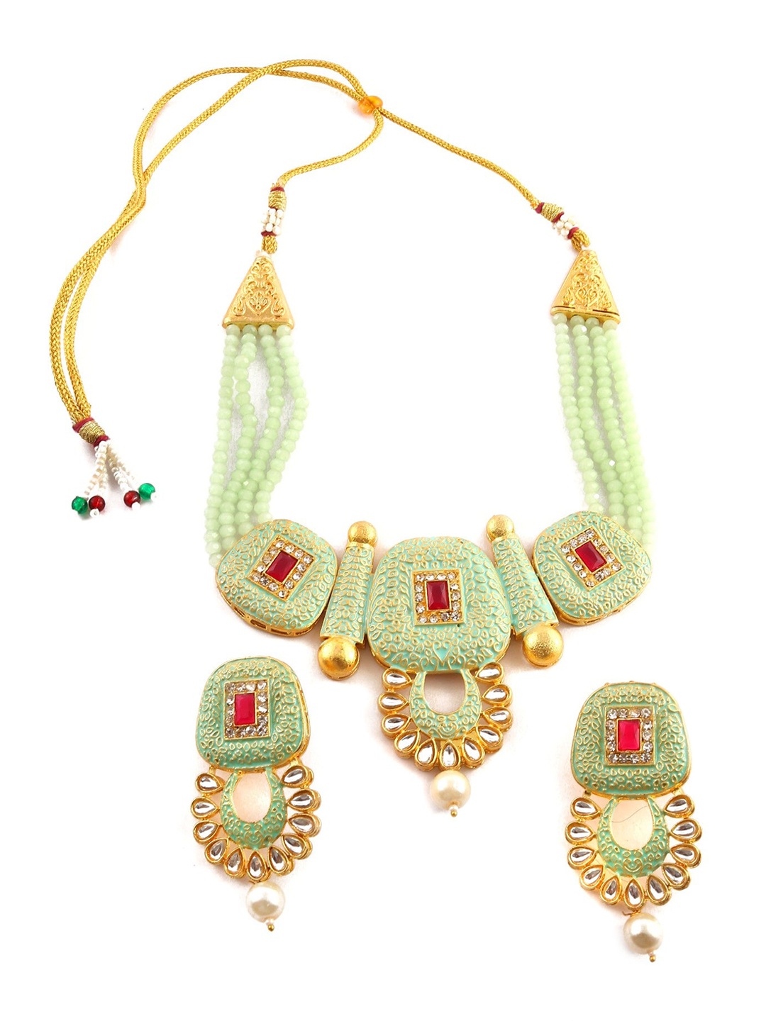 

Jewar Mandi Gold-Plated & Green Kundan-Studded & Pearl Beaded Jewellery Set