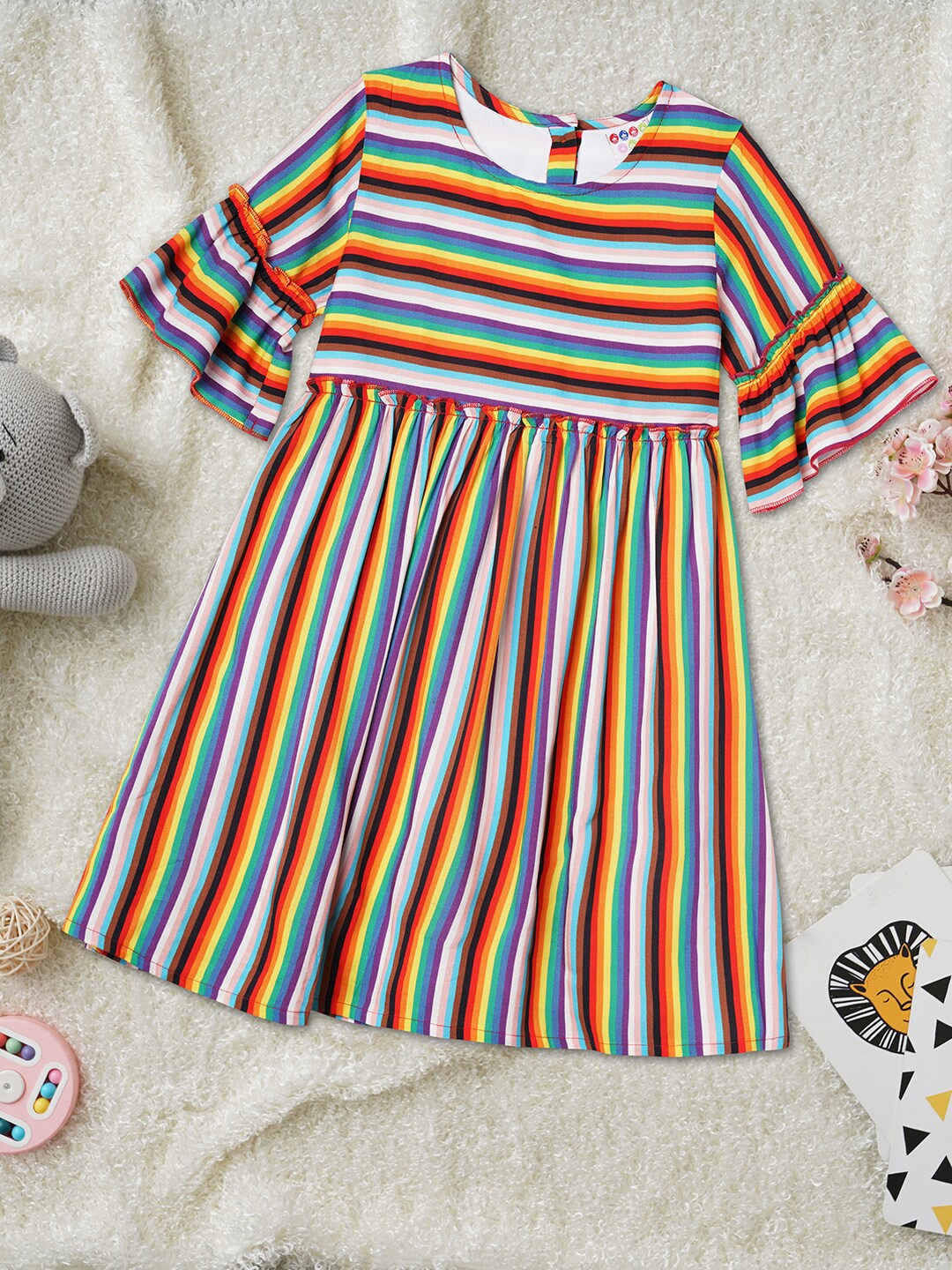 

ZION Kids-Girls Multicoloured Striped Dress, Multi