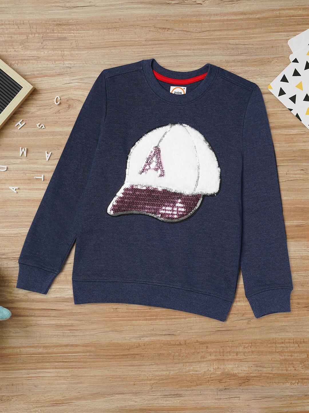 

ZION Boys Navy Blue Embellished Pure Cotton Sweatshirt