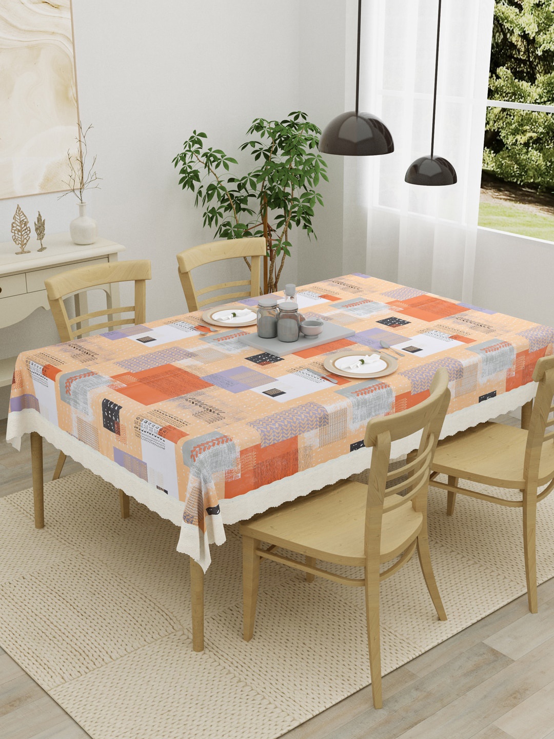 

Clasiko Peach-Coloured & White Printed 4 Seater Table Cover