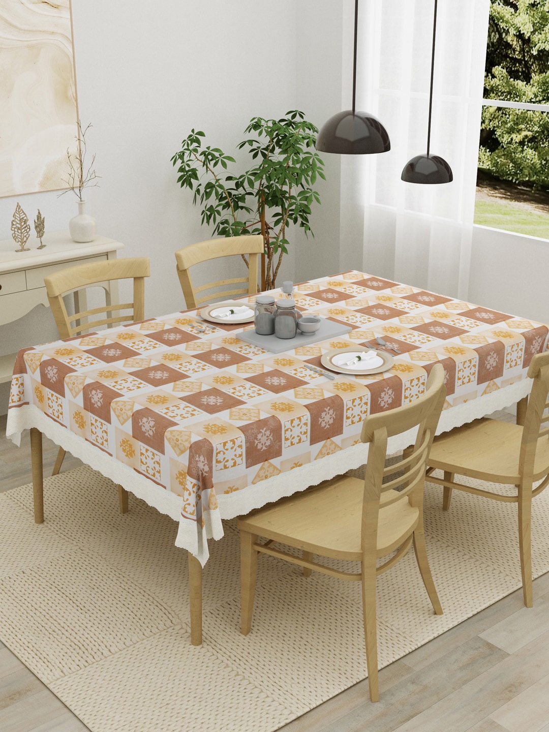 

Clasiko White & Brown Printed 4 Seater Table Cover