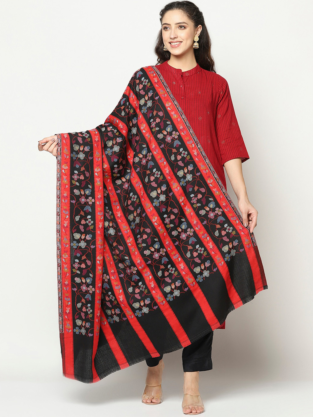 

La Vastraa Women Black & Red Woven Design Stripe Pattern Shawl