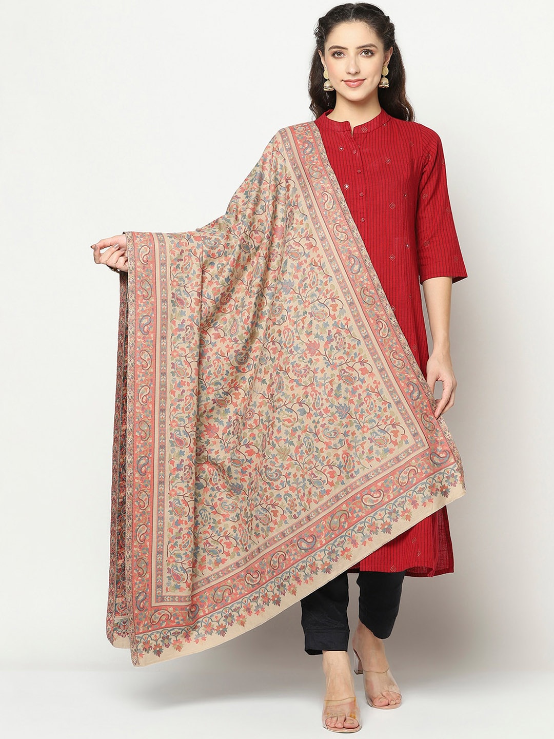 

La Vastraa Women Beige Pure Wool Woven Design Shawl