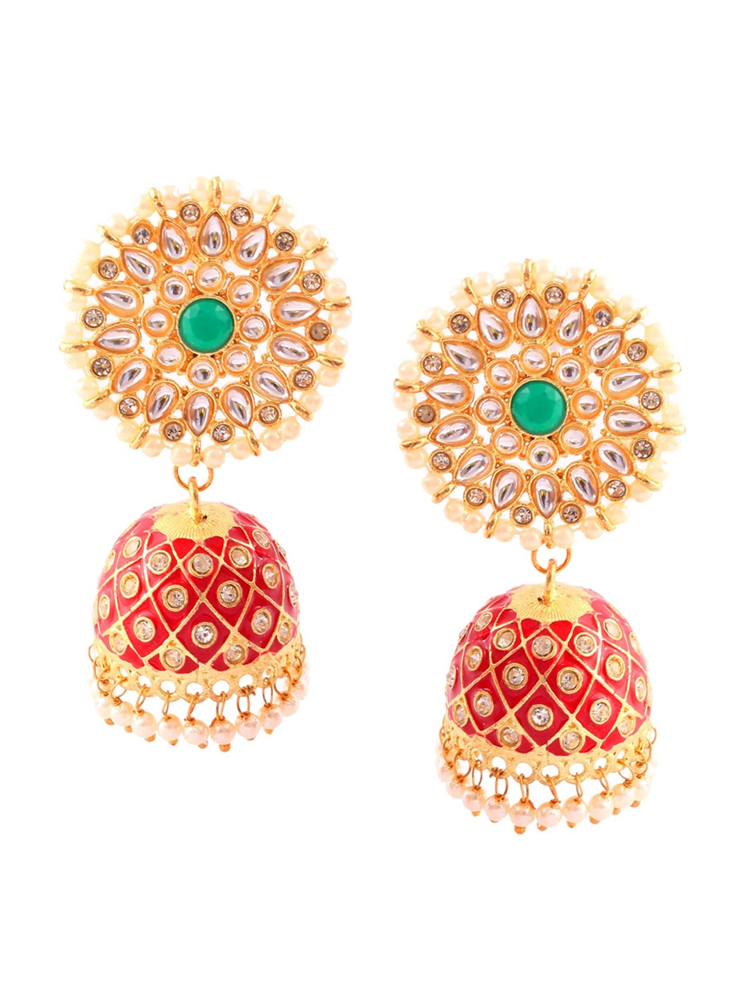 

Jewar Mandi Red & Gold Plated Classic Jhumkas Earrings