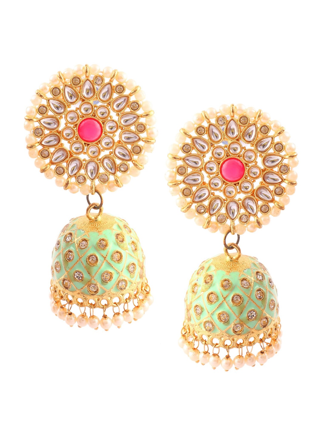 

Jewar Mandi Green & Gold Plated Dome Shaped Jhumkas Earrings