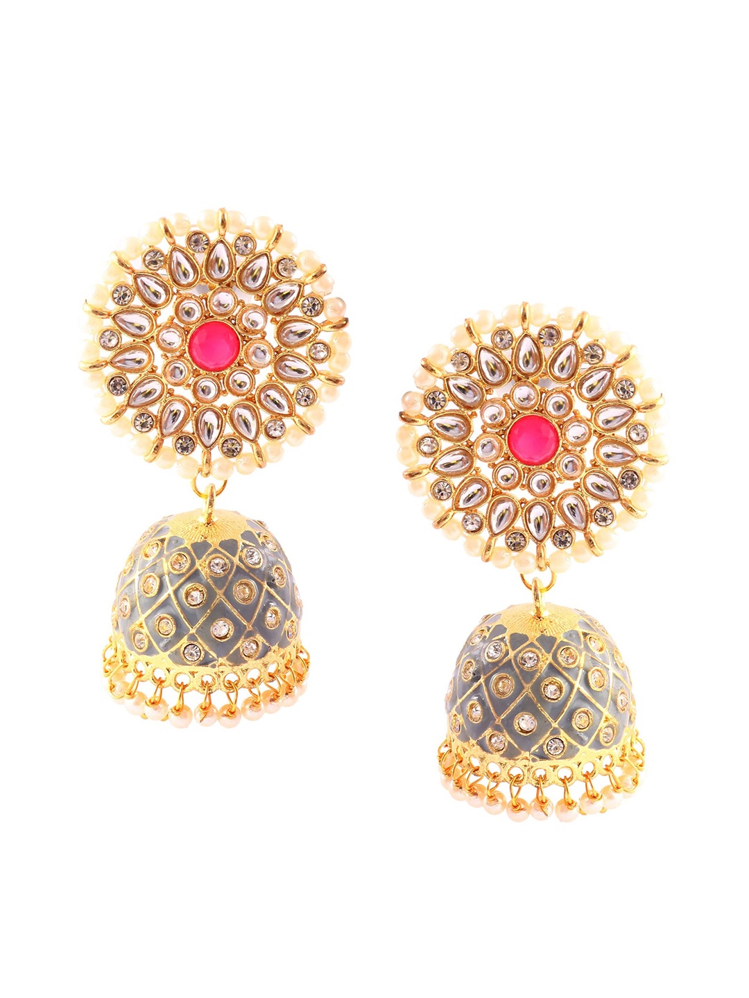 

Jewar Mandi Grey & Gold Plated Dome Shaped Jhumkas Earrings