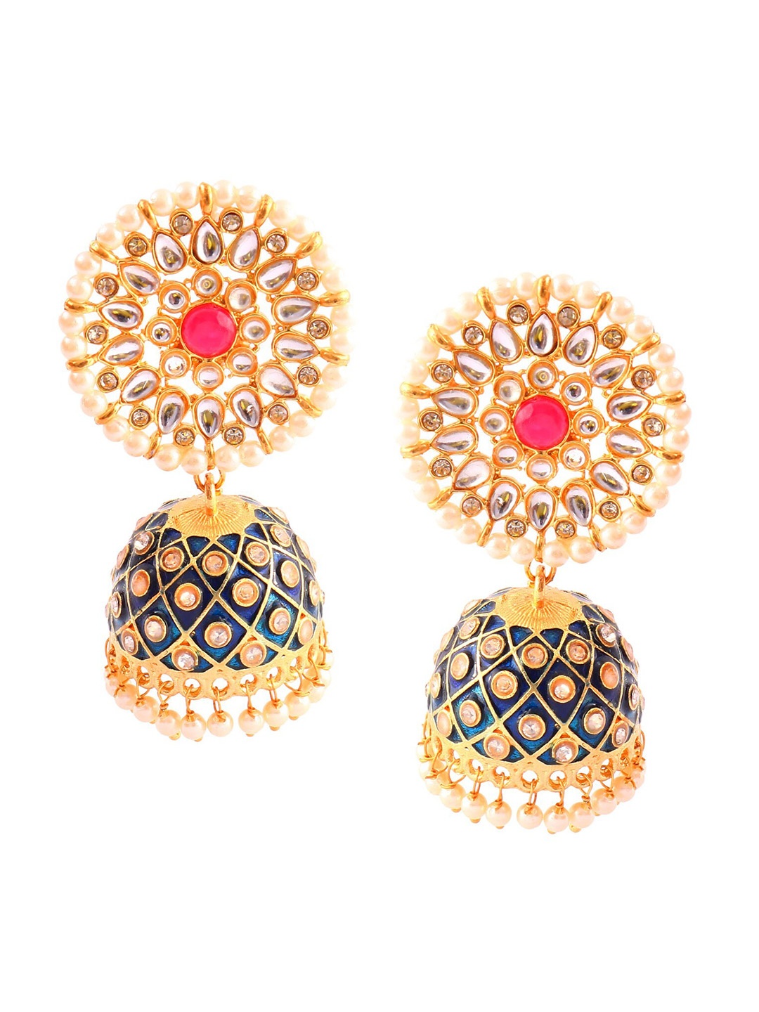 

Jewar Mandi Blue & Gold Plated Dome Shaped Jhumkas Earrings
