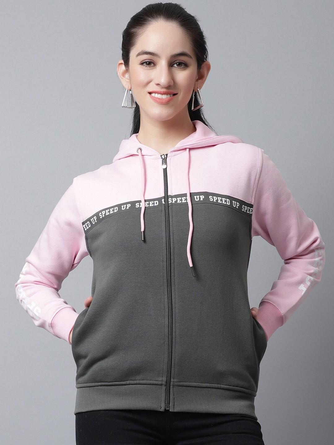 

ANTI CULTURE Women Grey Colourblocked Hooded Sweatshirt