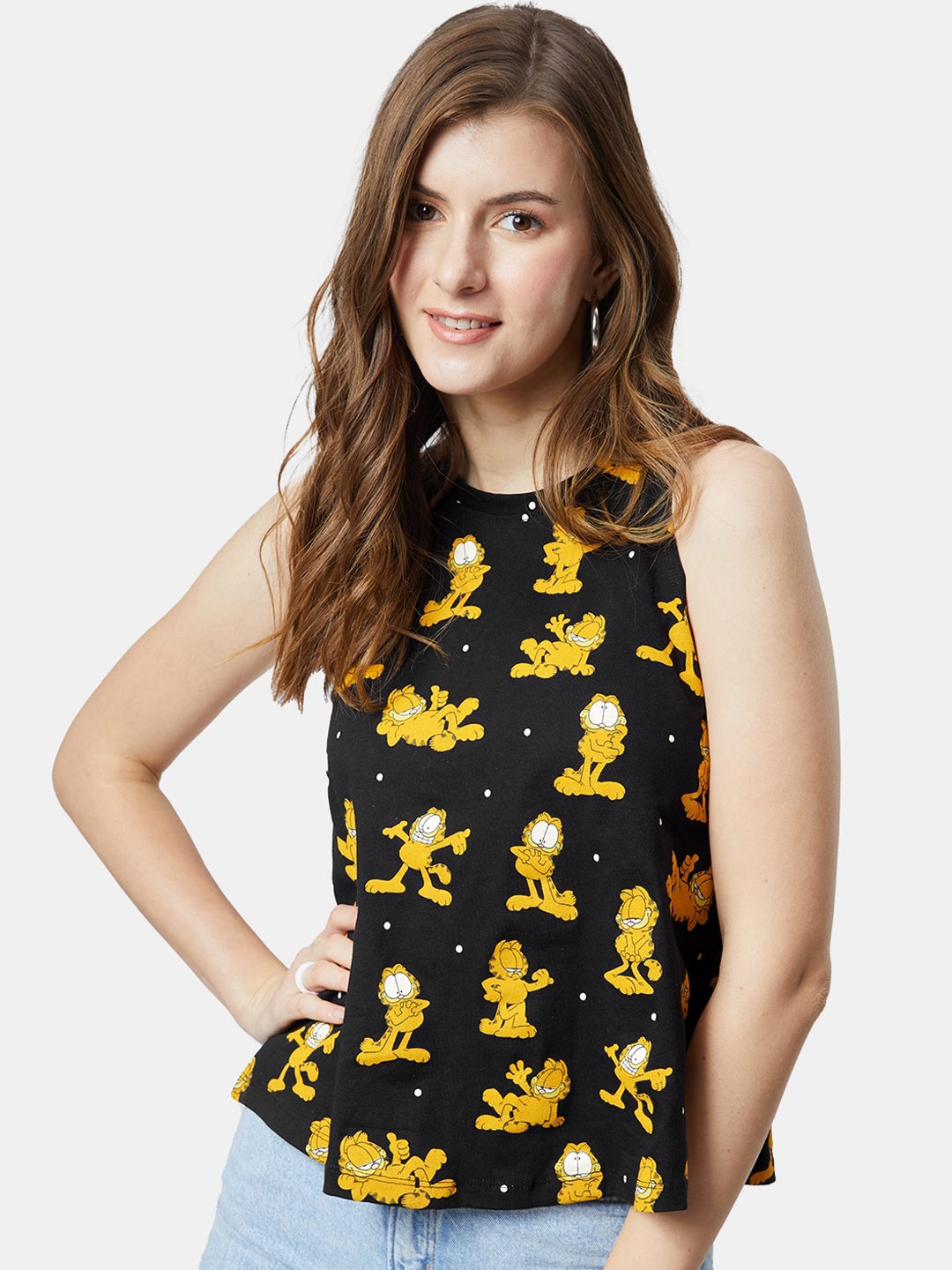 

The Souled Store Women Black and Yellow Garfield Printed Pure Cotton Camisole