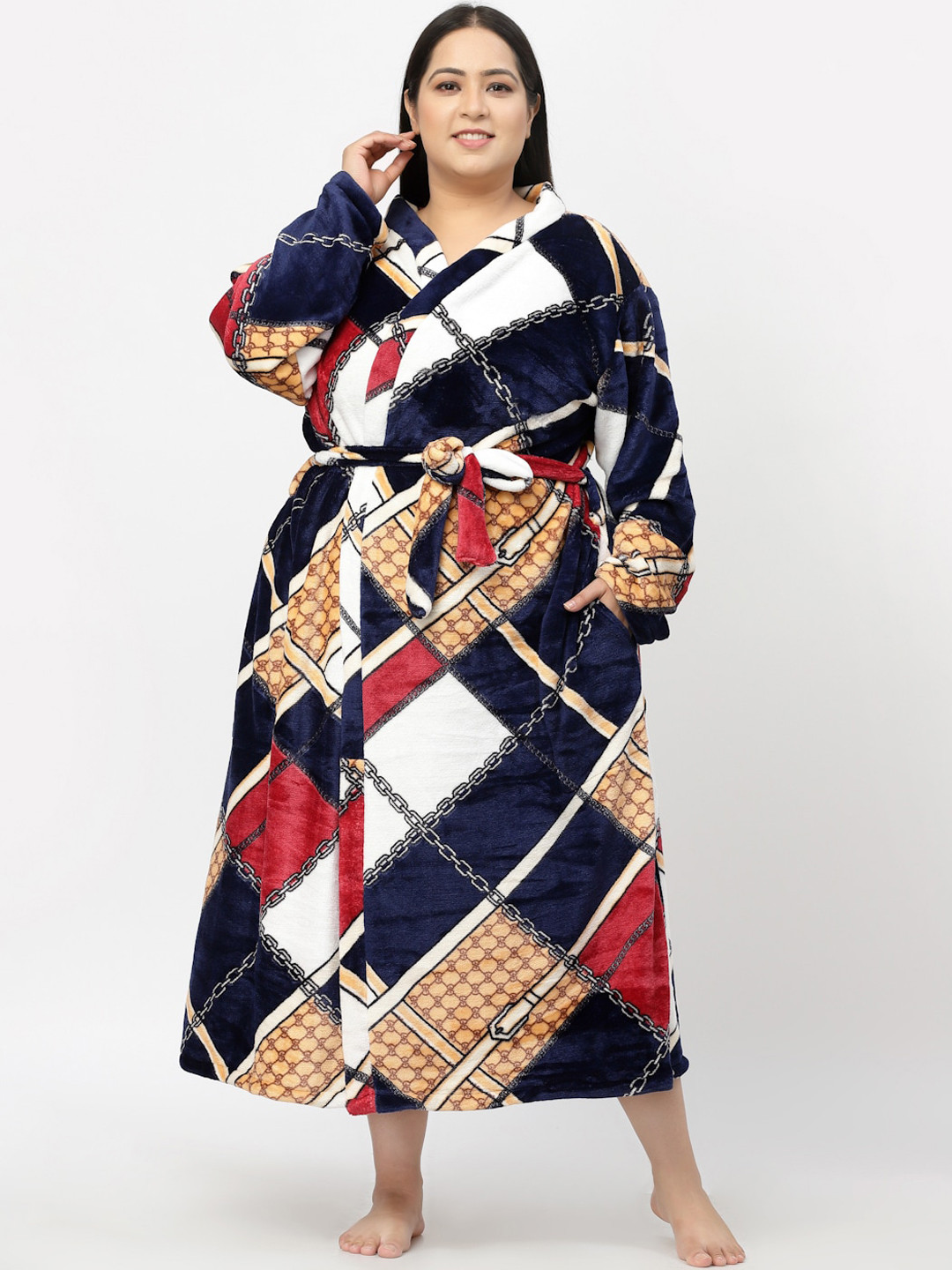 

KLOTTHE Women Plus Size Printed Woolen Bath Robe With Belt, Blue