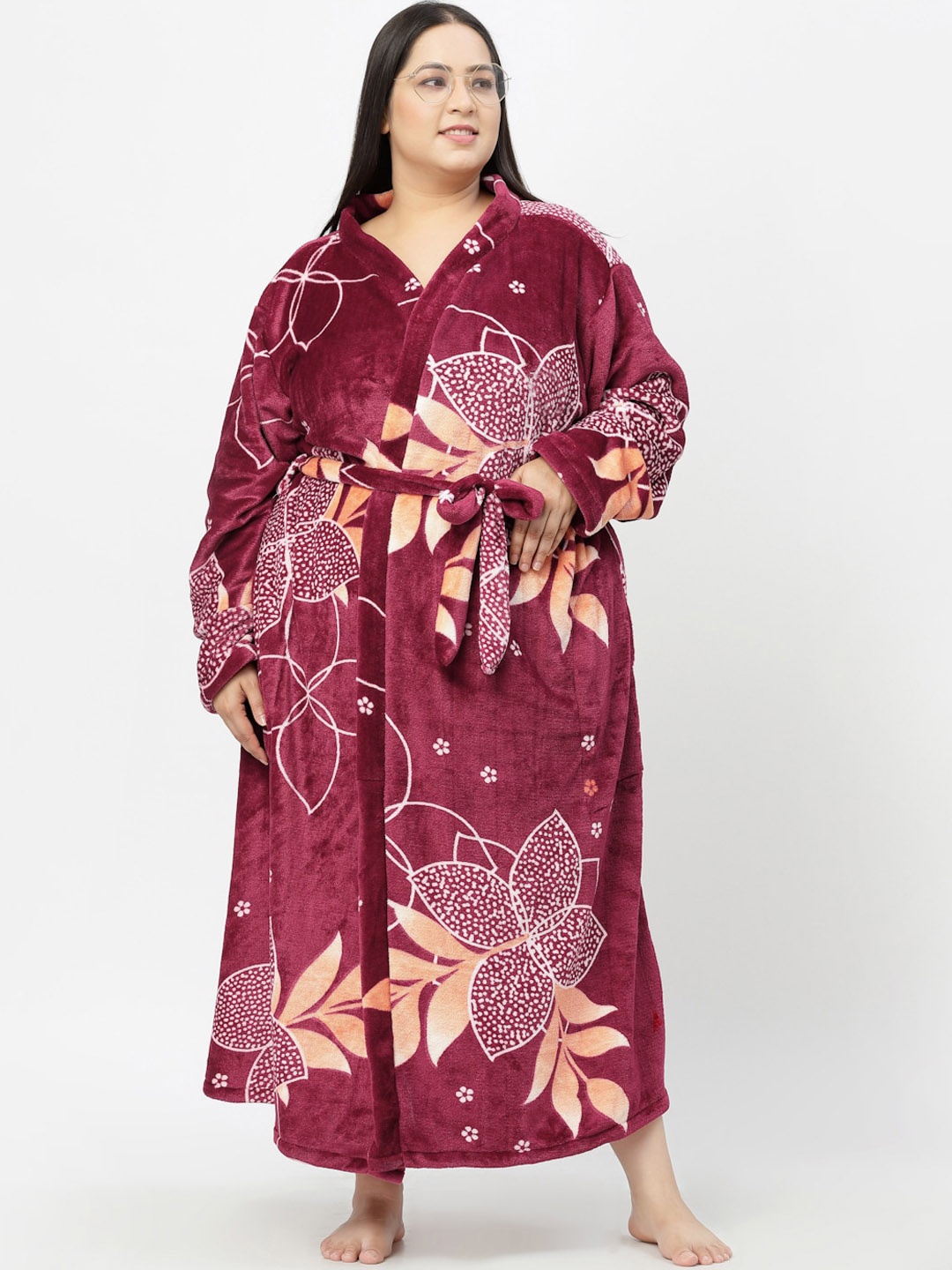 

KLOTTHE Plus Size Women Printed Woolen Bath Robe With Belt, Maroon