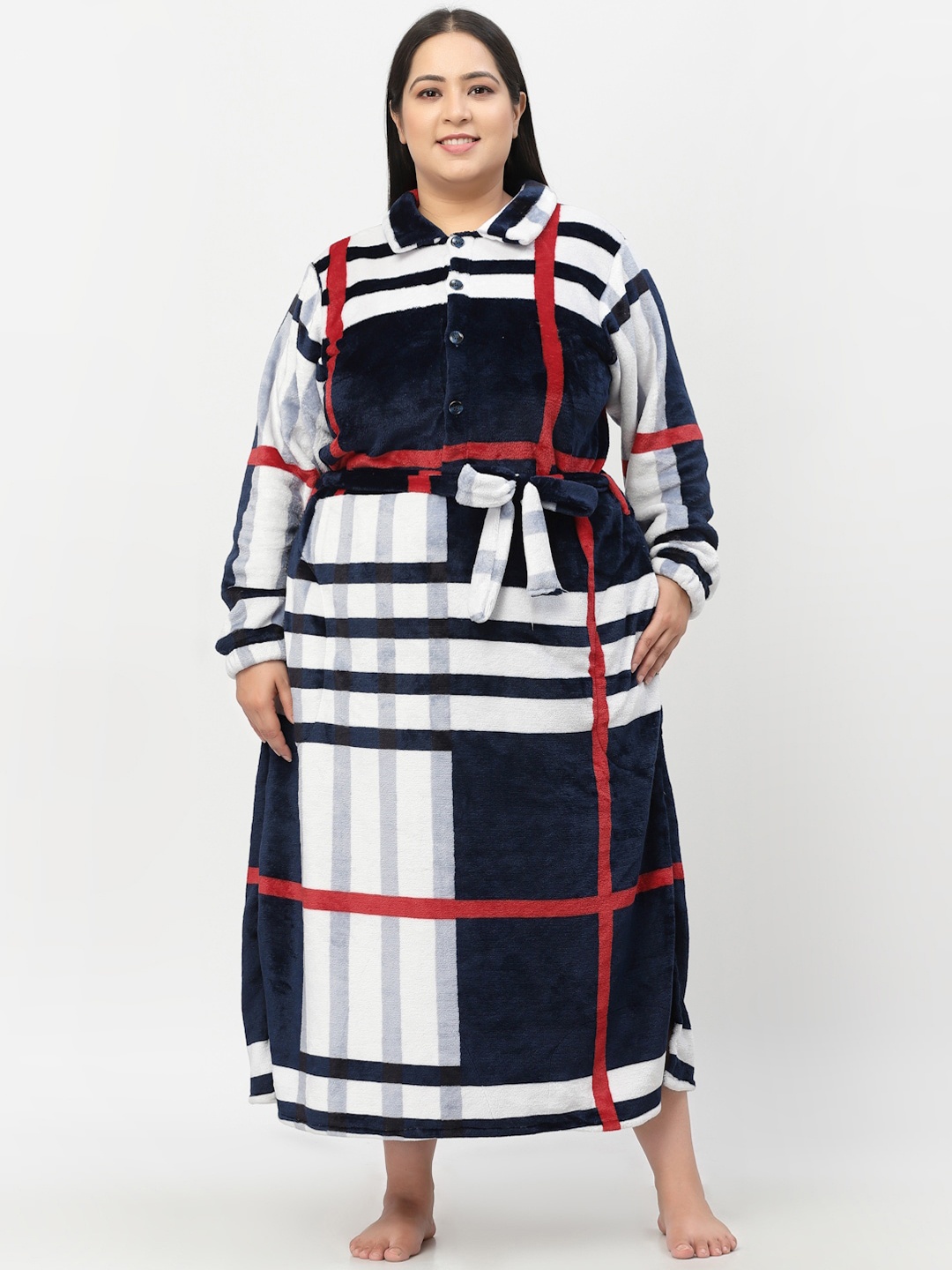 

KLOTTHE Plus Size Printed Woolen Bath Robe With Belt, Black