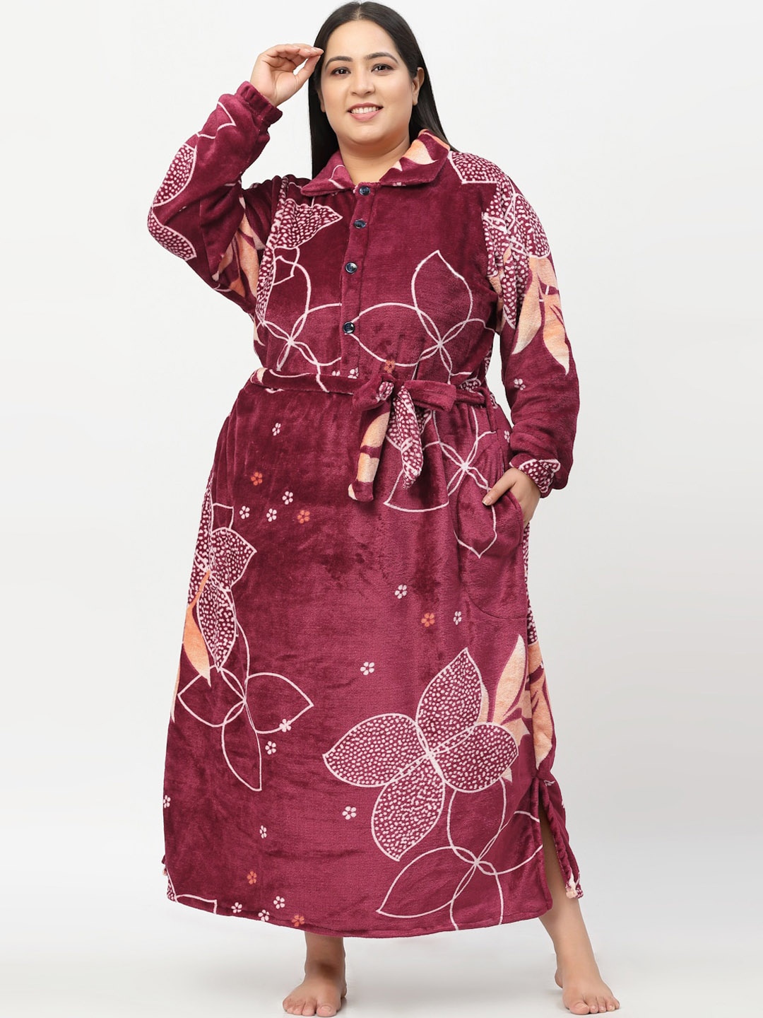 

KLOTTHE Women Plus Size Printed Woolen Bath Robe with Belt, Maroon