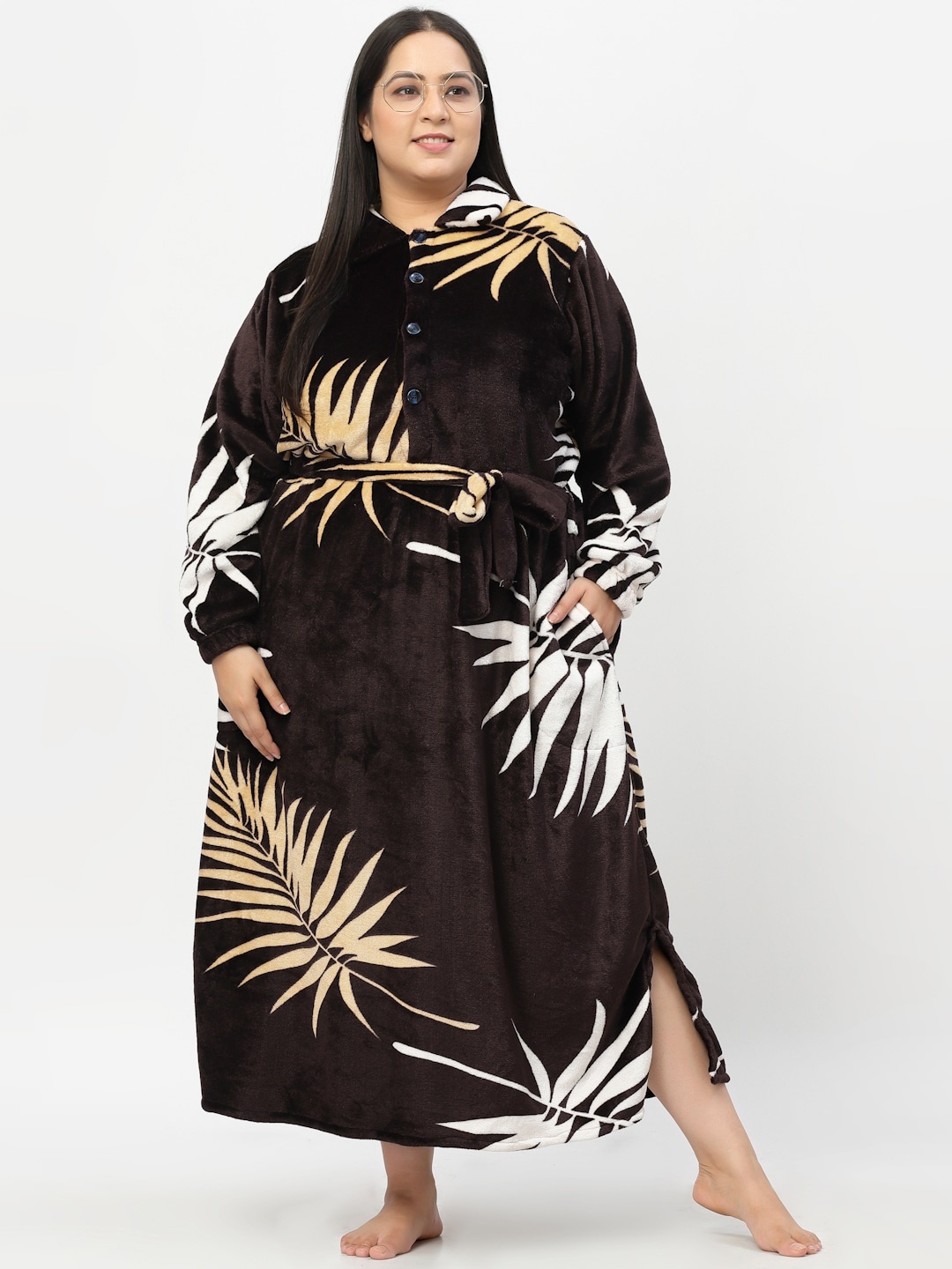 

KLOTTHE Women Plus Size Printed Woolen Bath Robe With Belt, Black