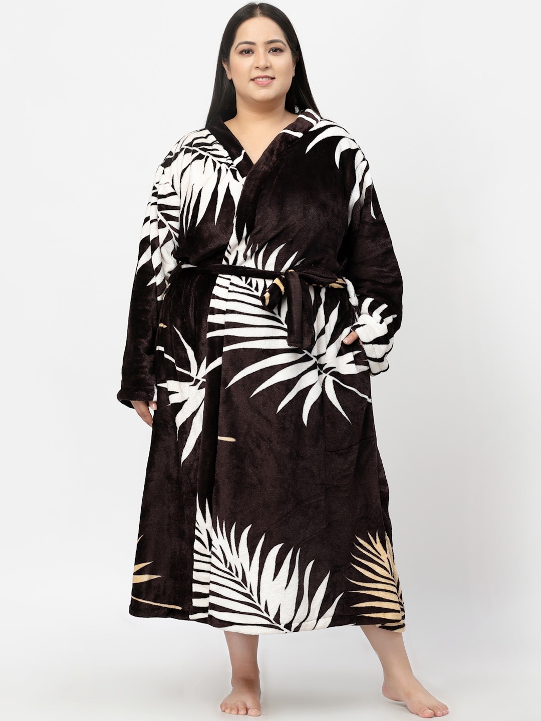 

KLOTTHE Women Plus Size Printed Woolen Bath Robe With Belt, Brown