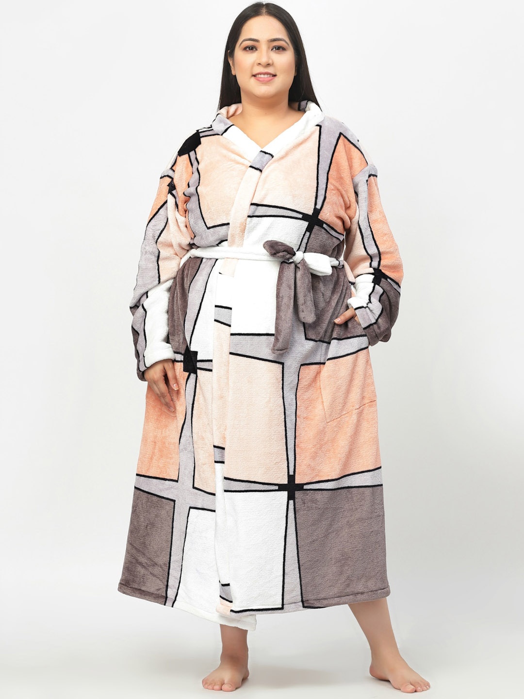 

KLOTTHE Plus Size Women Printed Woolen Bath Robe With Belt, Beige