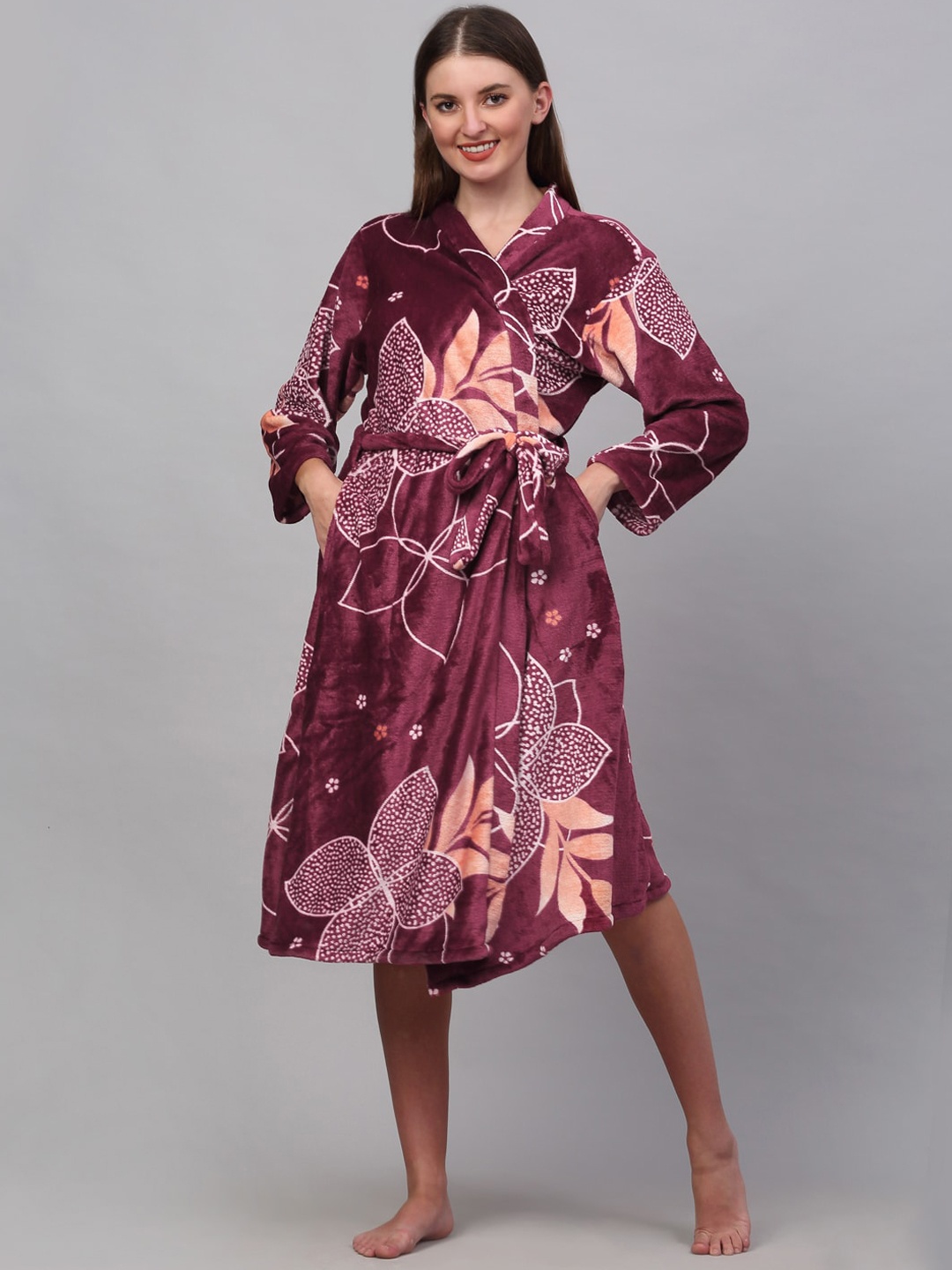

KLOTTHE Women Printed Woolen Bath Robe With Belt, Brown