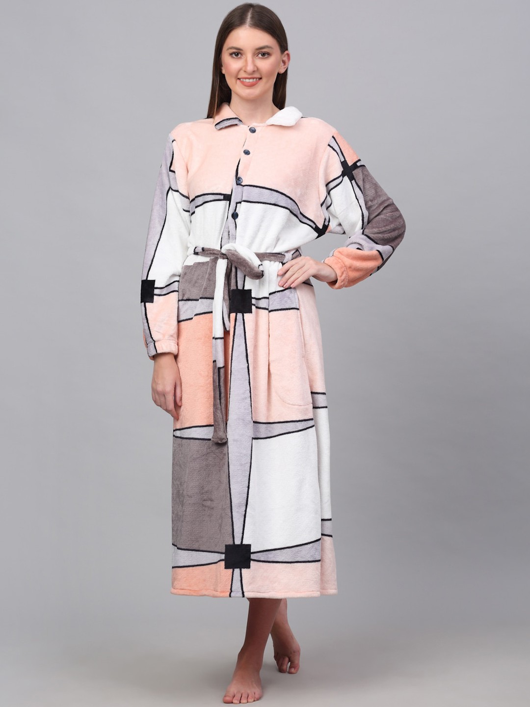 

KLOTTHE Checked Woolen Bath Robe With Belt, Peach