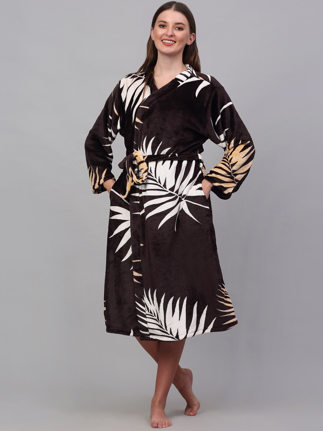 

KLOTTHE Women Brown Printed Bath Robe With Belt
