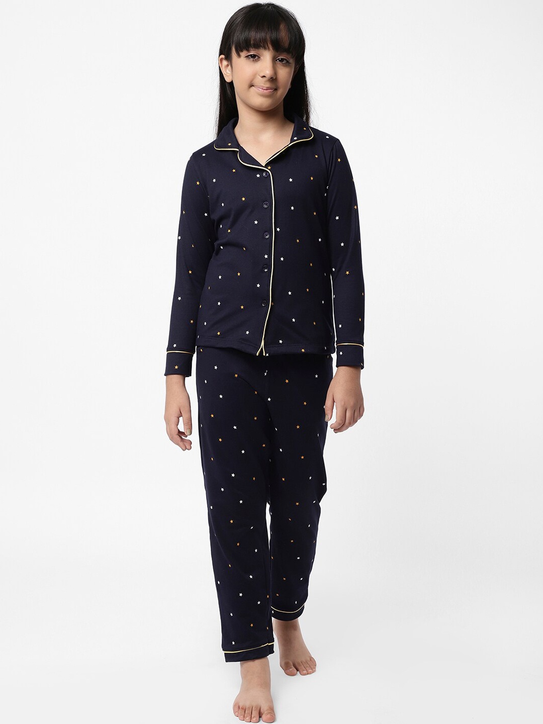 

Sweet Dreams Girls Navy Blue & Yellow Printed Pure Cotton Night suit