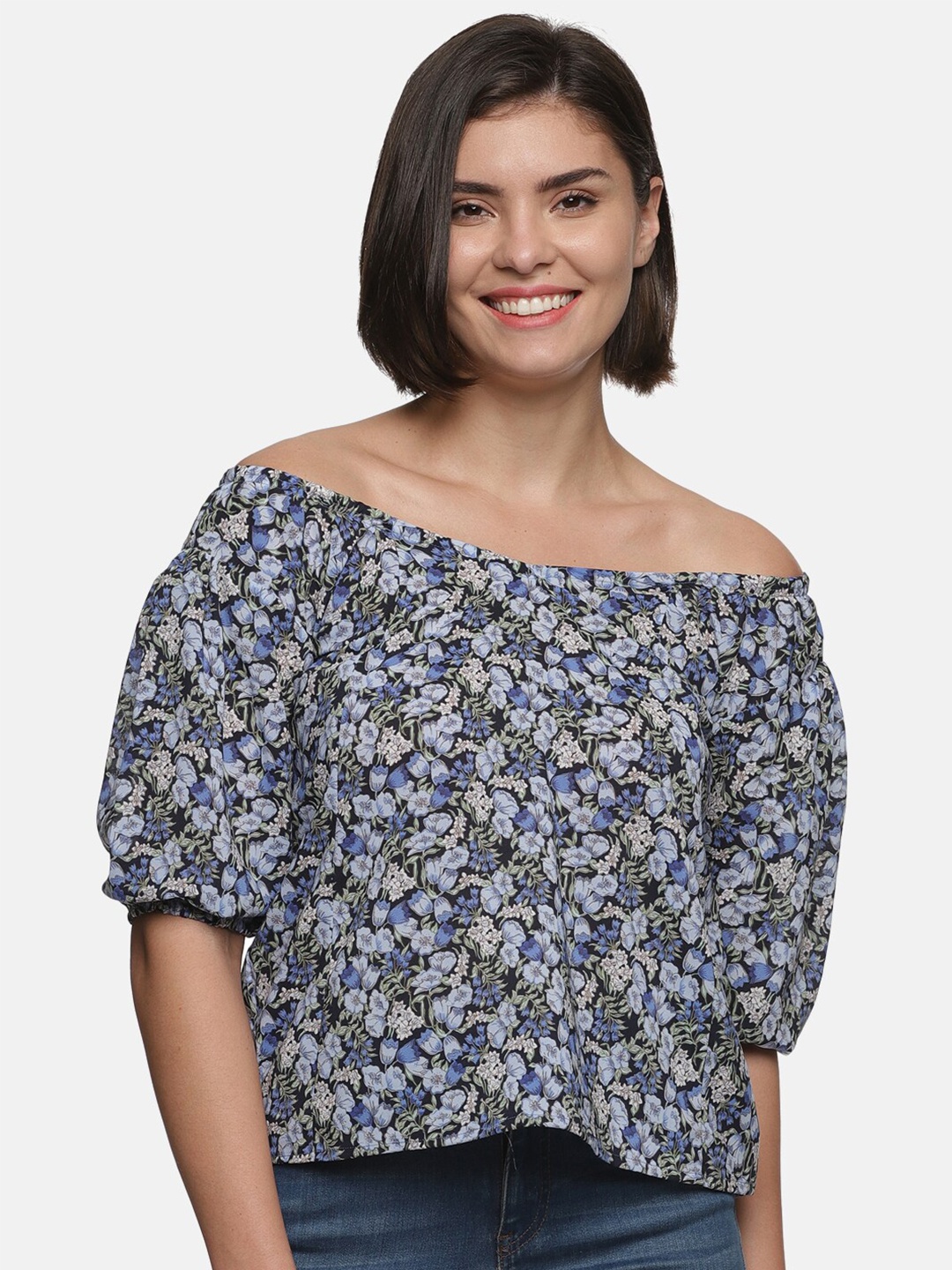 

GLORY & I Blue & Black Floral Printed Off-Shoulder Georgette Top