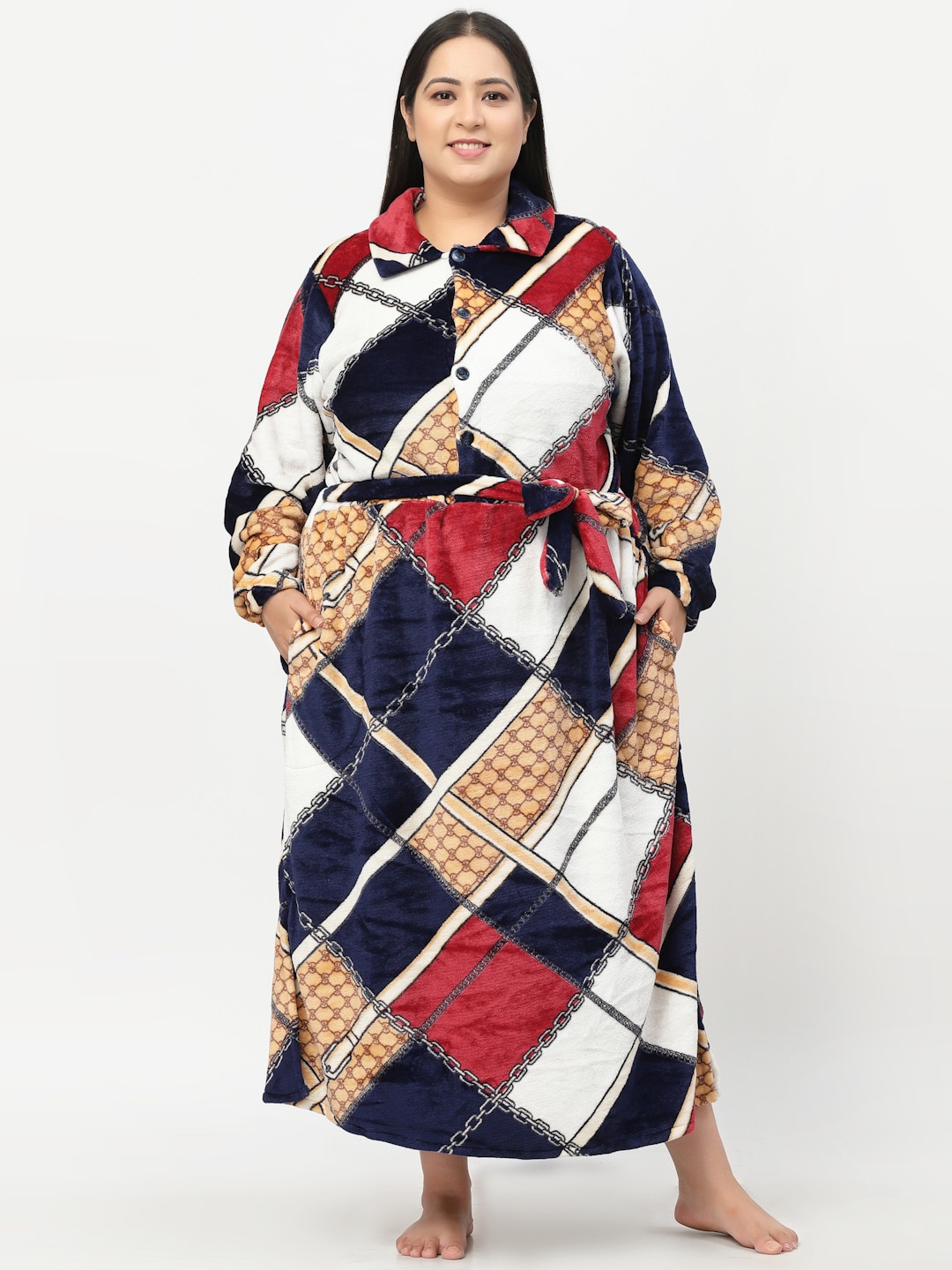 

KLOTTHE Women Plus Size Printed Woolen Bath Robe With Belt, Red