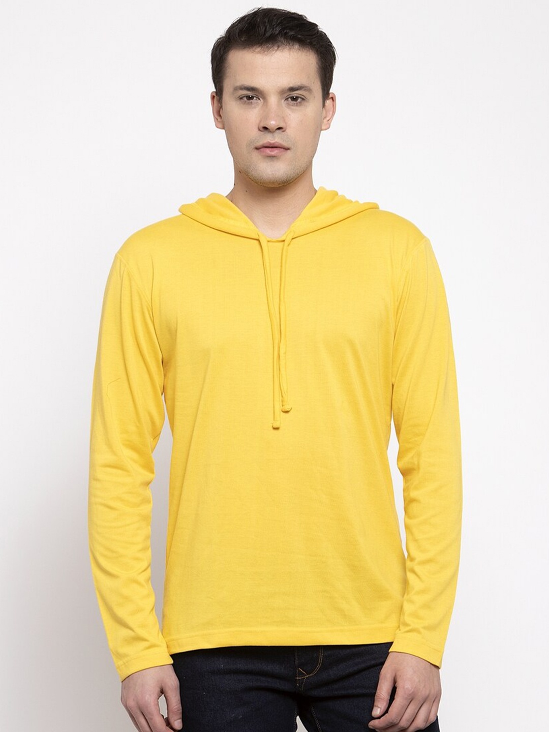 

Friskers Men Yellow Solid Cotton Long Sleeves Hooded T-shirt